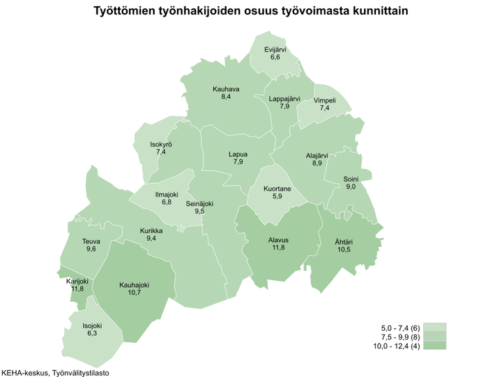 Etelä-Pohjanmaan kartta, josta ilmenee työttömien työnhakijoiden osuudet kunnittain. Työttömien työnhakijoiden osuudet kunnittain olivat Evijärvi 6,6 %, Kauhava 8,4 %, Lappajärvi 7,9 %, Vimpeli 7,4 %, Isokyrö 7,4 %, Lapua 7,9 %, Alajärvi 8,9 %, Ilmajoki 6,8 %, Seinäjoki 9,5 %, Kuortane 5,9 %, Soini 9,0 %, Teuva 9,6 %, Kurikka 9,4 %, Alavus 11,8 %, Karijoki 11,8 %, Ähtäri 10,5 %, Kauhajoki 10,7 % ja Isojoki 6,3 %.