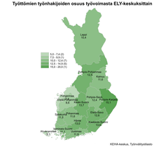 Työttömien työnhakijoiden osuus työvoimasta ELY-keskuksittain. Kartta on värikoodattu vaaleasta vihreästä tumman vihreään riippuen, kuinka iso työttömien työnhakijoiden osuus on alueella. Alueet jakaantuvat asteikossa: 5,0–7,4 (2), 7,5–9,9 (1), 10,0–12,4 (7), 12,5–14,9 (5) & 15,0–20,0 (1). Lappi 10,4 %, Pohjois-Pohjanmaa 12,5 %, Kainuu 11,6 %, Pohjanmaa 7,4 %, Etelä-Pohjanmaa 8,6 %, Keski-Suomi 13,7 %, Pohjois-Savo 12,4 %, Pohjois-Karjala 15,1 %, Satakunta 11,5 %, Pirkanmaa 11,6 %, Etelä-Savo 12,6 %, Ahvenanmaa 5,1 %, Varsinais-Suomi 11,1 %, Uusimaa 11,9 % ja Kaakkois-Suomi 13,8 %. KEHA-keskus, Työnvälitystilasto.