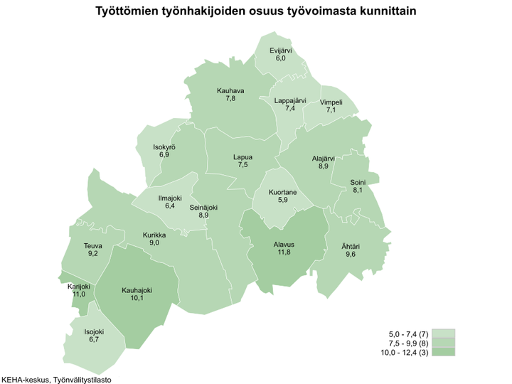 Etelä-Pohjanmaan kartta, josta ilmenee työttömien työnhakijoiden osuudet kunnittain. Kartta on värikoodattu vaaleasta vihreästä tummempaan vihreän sävyyn riippuen, kuinka iso työttömien työnhakijoiden osuus on alueella. Alueet jakaantuvat asteikossa: 5,0–7,4 (7), 7,5–9,9 (8), 10,0–12,4 (3). Työttömien työnhakijoiden osuudet kunnittain olivat Evijärvi 6,0 %, Kauhava 7,8 %, Lappajärvi 7,4 %, Vimpeli 7,1 %, Isokyrö 6,9 %, Lapua 7,5 %, Alajärvi 8,9 %, Ilmajoki 6,4 %, Seinäjoki 8,9 %, Kuortane 5,9 %, Soini 8,1 %, Teuva 9,2 %, Kurikka 9,0 %, Alavus 11,8 %, Karijoki 11,0 %, Ähtäri 9,6 %, Kauhajoki 10,1 % ja Isojoki 6,7 %. KEHA-keskus, Työnvälitystilasto.
