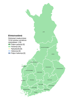 Suomen kartta, jossa eritelty maakunnat. Kaikissa maakunnissa 12 kuukauden kuluttua oleva odote nykytilannetta parempi.
