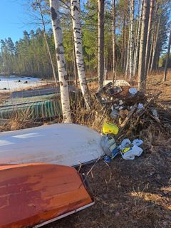 Järven rannassa on koivuja ja niiden välissä hylättyjä veneitä ja muuta rojua.