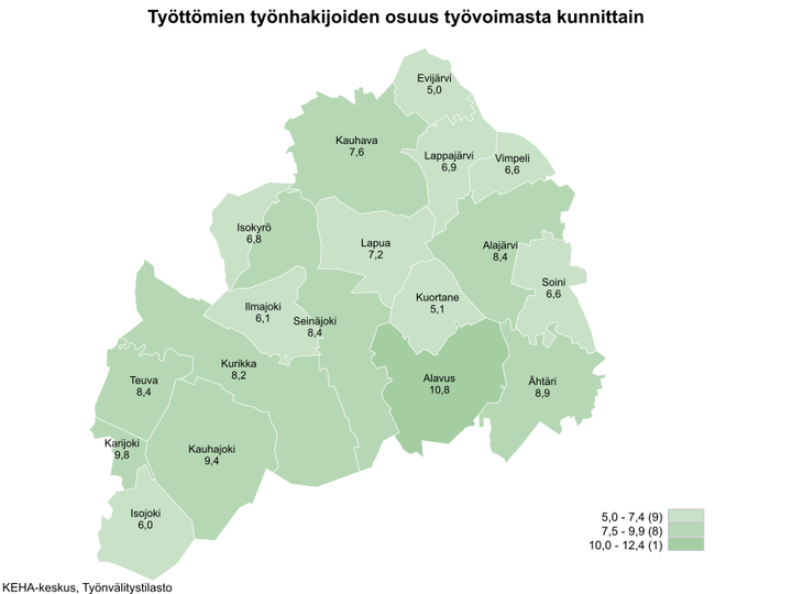 Etelä-Pohjanmaan kartta, josta ilmenee työttömien työnhakijoiden osuudet kunnittain. Kartta on värikoodattu vaaleasta vihreästä tummempaan vihreän sävyyn riippuen, kuinka iso työttömien työnhakijoiden osuus on alueella. Alueet jakaantuvat asteikossa: 5,0–7,4 (9), 7,5–9,9 (8), 10,0–12,4 (1). Työttömien työnhakijoiden osuudet kunnittain olivat Evijärvi 5,0 %, Kauhava 7,6 %, Lappajärvi 6,9 %, Vimpeli 6,6 %, Isokyrö 6,8 %, Lapua 7,2 %, Alajärvi 8,4 %, Ilmajoki 6,1 %, Seinäjoki 8,4 %, Kuortane 5,1 %, Soini 6,6 %, Teuva 8,4 %, Kurikka 8,2 %, Alavus 10,8 %, Karijoki 9,8 %, Ähtäri 8,9 %, Kauhajoki 9,4 % ja Isojoki 6,0 %. KEHA-keskus, Työnvälitystilasto.