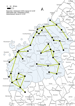 Kartta esittää uudet sopimuskaudet alkavina kesäkuussa tai elokuussa eri paikkakuntien välillä Etelä-Pohjanmaan, Keski-Pohjanmaan ja Pohjanmaan alueella Suomessa.