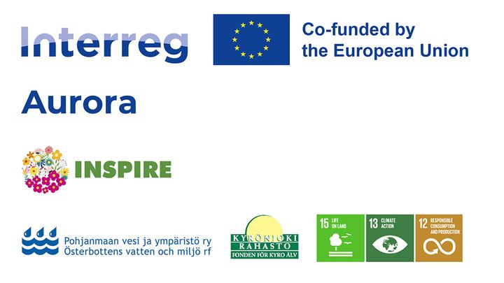 Logot: Interreg Aurora Co-funded by the European Union, INSPIRE; Pohjanmaan vesi ja ympäristö ry, Kyrönjokirahasto, YK:n tavoitteet 12,13,15.
