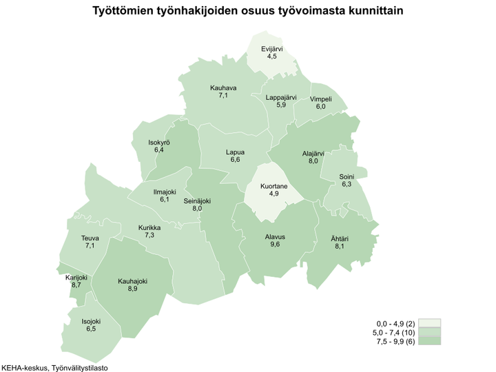 Etelä-Pohjanmaan kartta, josta ilmenee työttömien työnhakijoiden osuudet kunnittain. Kartta on värikoodattu vaaleasta vihreästä tummempaan vihreän sävyyn riippuen, kuinka iso työttömien työnhakijoiden osuus on alueella. Alueet jakaantuvat asteikossa: 0,0–4,9 (2), 5,0–7,4 (10) ja 7,5–9,9 (6). Työttömien työnhakijoiden osuudet kunnittain olivat Evijärvi 4,5 %, Kauhava 7,1 %, Lappajärvi 5,9 %, Vimpeli 6,0 %, Isokyrö 6,4 %, Lapua 6,6 %, Alajärvi 8,0 %, Ilmajoki 6,1 %, Seinäjoki 8,0 %, Kuortane 4,9 %, Soini 6,3 %, Teuva 7,1 %, Kurikka 7,3 %, Alavus 9,6 %, Karijoki 8,7 %, Ähtäri 8,1 %, Kauhajoki 8,9 % ja Isojoki 6,5 %. KEHA-keskus, Työnvälitystilasto.