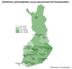 Työttömien työnhakijoiden osuus työvoimasta ELY-keskuksittain. Kartta on värikoodattu vaaleasta vihreästä tumman vihreään riippuen, kuinka iso työttömien työnhakijoiden osuus on alueella. Alueet jakaantuvat asteikossa: 0,0–4,9 (1), 5,0–7,4 (1), 7,5–9,9 (2), 10,0–12,4 (9) & 12,5–14,9 (3). Lappi 10,3 %, Pohjois-Pohjanmaa 11,7 %, Kainuu 9,8 %, Pohjanmaa 7,2 %, Etelä-Pohjanmaa 7,5 %, Keski-Suomi 13,2 %, Pohjois-Savo 11,6 %, Pohjois-Karjala 13,9 %, Satakunta 10,8 %, Pirkanmaa 11,2 %, Etelä-Savo 11,0 %, Ahvenanmaa 4,9 %, Varsinais-Suomi 10,8 %, Uusimaa 11,8 % ja Kaakkois-Suomi 12,9 %. KEHA-keskus, Työnvälitystilasto.
