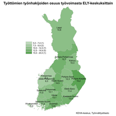 Työttömien työnhakijoiden osuus työvoimasta ELY-keskuksittain. Kartta on värikoodattu vaaleasta vihreästä tumman vihreään riippuen, kuinka iso työttömien työnhakijoiden osuus on alueella. Alueet jakaantuvat asteikossa: 5,0–7,4 (1), 7,5–9,9 (2), 10,0–12,4 (7), 12,5–14,9 (5) & 15,0–20,0 (1). Lappi 10,8 %, Pohjois-Pohjanmaa 12,7 %, Kainuu 10,3 %, Pohjanmaa 8,3 %, Etelä-Pohjanmaa 8,3 %, Keski-Suomi 14,5 %, Pohjois-Savo 12,3 %, Pohjois-Karjala 15,2 %, Satakunta 11,5 %, Pirkanmaa 12,1 %, Etelä-Savo 11,4 %, Ahvenanmaa 5,2 %, Varsinais-Suomi 11,8 %, Uusimaa 12,6 % ja Kaakkois-Suomi 13,6 %. KEHA-keskus, Työnvälitystilasto.