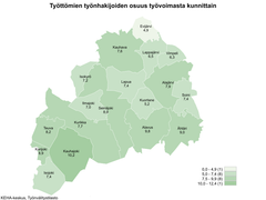 Etelä-Pohjanmaan kartta, josta ilmenee työttömien työnhakijoiden osuudet kunnittain. Kartta on värikoodattu vaaleasta vihreästä tummempaan vihreän sävyyn riippuen, kuinka iso työttömien työnhakijoiden osuus on alueella. Alueet jakaantuvat asteikossa: 0,0–4,9 (1), 5,0–7,4 (8), 7,5–9,9 (8) ja 10,0–12,4 (1). Työttömien työnhakijoiden osuudet kunnittain olivat Evijärvi 4,9 %, Kauhava 7,6 %, Lappajärvi 6,5 %, Vimpeli 6,3 %, Isokyrö 7,2 %, Lapua 7,4 %, Alajärvi 7,9 %, Ilmajoki 7,0 %, Seinäjoki 8,9 %, Kuortane 5,2 %, Soini 7,4 %, Teuva 8,2 %, Kurikka 7,7 %, Alavus 9,8 %, Karijoki 8,9 %, Ähtäri 9,0 %, Kauhajoki 10,2 % ja Isojoki 7,4 %. KEHA-keskus, Työnvälitystilasto.