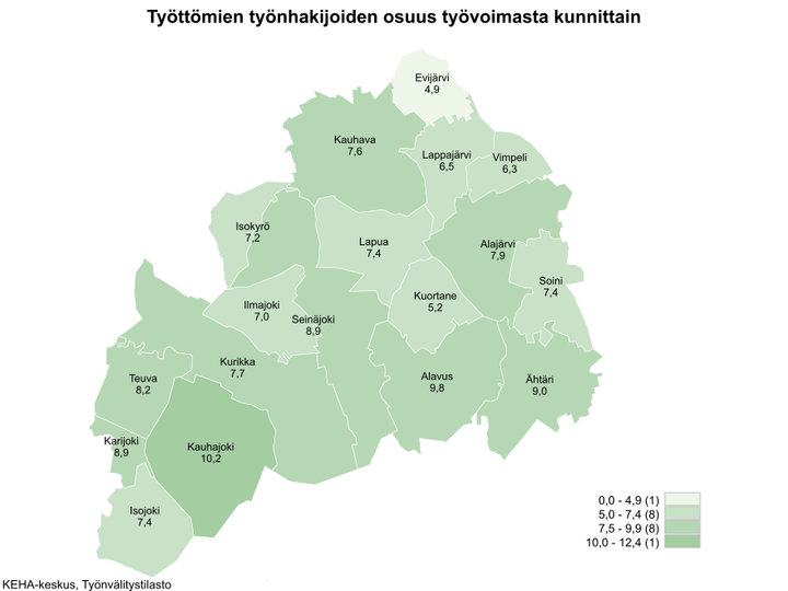 Etelä-Pohjanmaan kartta, josta ilmenee työttömien työnhakijoiden osuudet kunnittain. Kartta on värikoodattu vaaleasta vihreästä tummempaan vihreän sävyyn riippuen, kuinka iso työttömien työnhakijoiden osuus on alueella. Alueet jakaantuvat asteikossa: 0,0–4,9 (1), 5,0–7,4 (8), 7,5–9,9 (8) ja 10,0–12,4 (1). Työttömien työnhakijoiden osuudet kunnittain olivat Evijärvi 4,9 %, Kauhava 7,6 %, Lappajärvi 6,5 %, Vimpeli 6,3 %, Isokyrö 7,2 %, Lapua 7,4 %, Alajärvi 7,9 %, Ilmajoki 7,0 %, Seinäjoki 8,9 %, Kuortane 5,2 %, Soini 7,4 %, Teuva 8,2 %, Kurikka 7,7 %, Alavus 9,8 %, Karijoki 8,9 %, Ähtäri 9,0 %, Kauhajoki 10,2 % ja Isojoki 7,4 %. KEHA-keskus, Työnvälitystilasto.