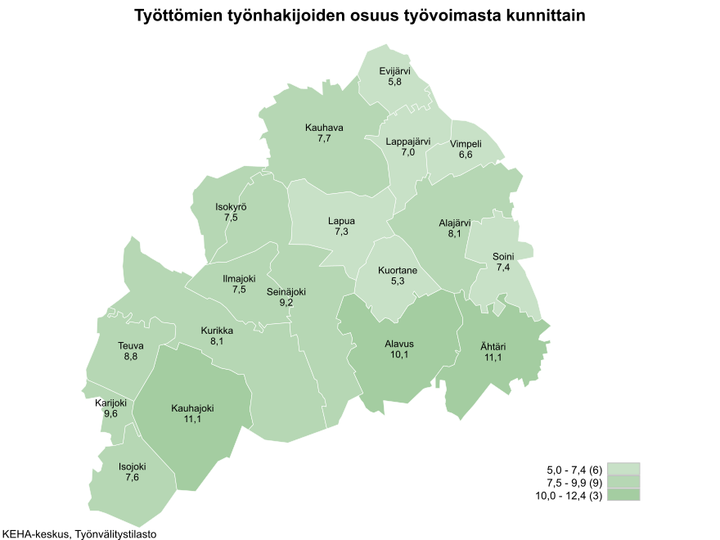 Etelä-Pohjanmaan kartta, josta ilmenee työttömien työnhakijoiden osuudet kunnittain. Kartta on värikoodattu vaaleasta vihreästä tummempaan vihreän sävyyn riippuen, kuinka iso työttömien työnhakijoiden osuus on alueella. Alueet jakaantuvat asteikossa: 5,0–7,4 (6), 7,5–9,9 (9) ja 10,0–12,4 (3). Työttömien työnhakijoiden osuudet kunnittain olivat Evijärvi 5,8 %, Kauhava 7,7 %, Lappajärvi 7,0 %, Vimpeli 6,6 %, Isokyrö 7,5 %, Lapua 7,3 %, Alajärvi 8,1 %, Ilmajoki 7,5 %, Seinäjoki 9,2 %, Kuortane 5,3 %, Soini 7,4 %, Teuva 8,8 %, Kurikka 8,1 %, Alavus 10,1 %, Karijoki 9,6 %, Ähtäri 11,1 %, Kauhajoki 11,1 % ja Isojoki 7,6 %. KEHA-keskus, Työnvälitystilasto.