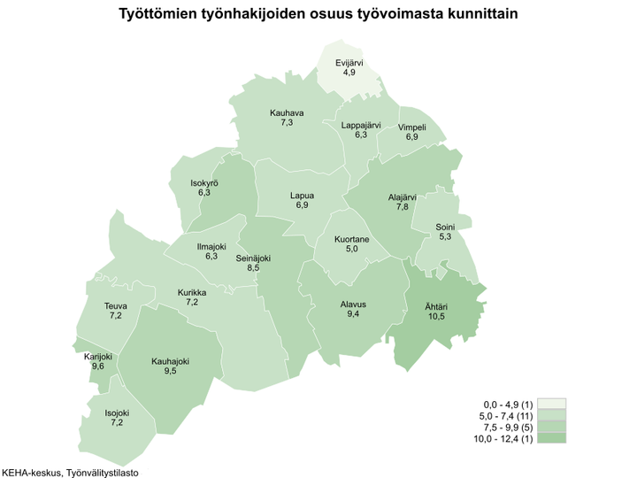 Etelä-Pohjanmaan kartta, josta ilmenee työttömien työnhakijoiden osuudet kunnittain. Kartta on värikoodattu vaaleasta vihreästä tummempaan vihreän sävyyn riippuen, kuinka iso työttömien työnhakijoiden osuus on alueella. Alueet jakaantuvat asteikossa: 0,0–4,9 (1), 5,0–7,4 (11), 7,5–9,9 (5) ja 10,0–12,4 (1). Työttömien työnhakijoiden osuudet kunnittain olivat Evijärvi 4,9 %, Kauhava 7,3 %, Lappajärvi 6,3 %, Vimpeli 6,9 %, Isokyrö 6,3 %, Lapua 6,9 %, Alajärvi 7,8 %, Ilmajoki 6,3 %, Seinäjoki 8,5 %, Kuortane 5,0 %, Soini 5,3 %, Teuva 7,2 %, Kurikka 7,2 %, Alavus 9,4 %, Karijoki 9,6 %, Ähtäri 10,5 %, Kauhajoki 9,5 % ja Isojoki 7,2 %. KEHA-keskus, Työnvälitystilasto.