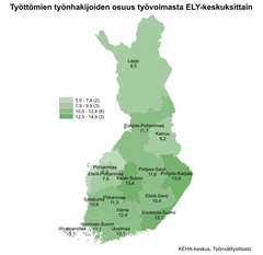 Työttömien työnhakijoiden osuus työvoimasta ELY-keskuksittain. Kartta on värikoodattu vaaleasta vihreästä tumman vihreään riippuen, kuinka iso työttömien työnhakijoiden osuus on alueella. Alueet jakaantuvat asteikossa: 5,0–7,4 (2), 7,5–9,9 (3), 10,0–12,4 (8) & 12,5–14,9 (3). Lappi 9,5 %, Pohjois-Pohjanmaa 11,7 %, Kainuu 9,2 %, Pohjanmaa 7,3 %, Etelä-Pohjanmaa 7,9 %, Keski-Suomi 13,4 %, Pohjois-Savo 11,6 %, Pohjois-Karjala 13,8 %, Satakunta 10,6 %, Pirkanmaa 11,3 %, Etelä-Savo 10,4 %, Ahvenanmaa 5,1 %, Varsinais-Suomi 11,1 %, Uusimaa 12,1 % ja Kaakkois-Suomi 12,7 %. KEHA-keskus, Työnvälitystilasto.