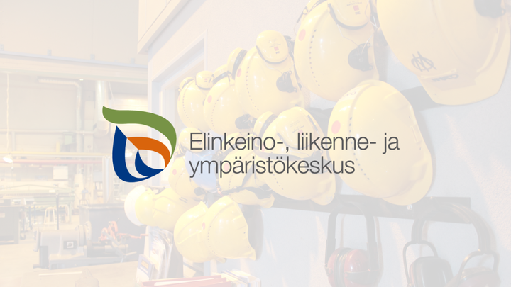 Logo ja teksti: Elinkeino-, liikenne- ja ympäristökeskus. Taustalla työkypäriä.