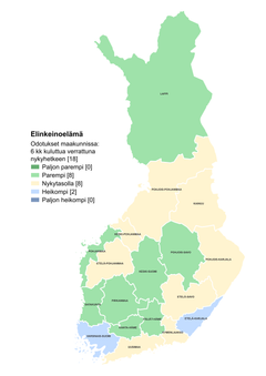 Suomen kartta, jossa eritelty maakunnat. Elinkeinoelämän odotukset maakunnissa kuuden kuukauden kuluttua verrattuna nykyhetkeen. Parempi tilanne Lapissa, Pohjanmaalla, Keski-Suomessa, Pohjois-Savossa, Satakunnassa, Pirkanmaalla, Päijät-Hämeessä ja Kanta-Hämeessä.. Odotukset nykytasolla Pohjois-Pohjanmaalla, Kainuussa, Keski-Pohjanmaalla, Etelä-Pohjanmaalla, Pohjois-Karjalassa, Etelä-Savossa, Uudellamaalla ja Kymenlaaksossa. Heikompi tilanne Varsinais-Suomessa ja Etelä-Karjalassa.