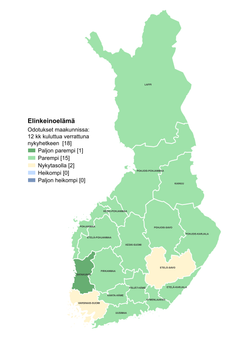Suomen kartta, jossa eritelty maakunnat. Elinkeinoelämän odotukset maakunnissa 12 kuukauden kuluttua verrattuna nykyhetkeen. Tilanne paljon parempi Satakunnassa. Nykytasolla Varsinais-Suomessa ja Etelä-Savossa. Muissa maakunnissa tilanne nykyhetkeä parempi.