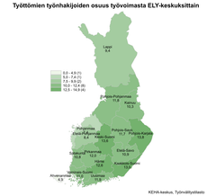Työttömien työnhakijoiden osuus työvoimasta ELY-keskuksittain. Kartta on värikoodattu vaaleasta vihreästä tumman vihreään riippuen, kuinka iso työttömien työnhakijoiden osuus on alueella. Alueet jakaantuvat asteikossa: 0,0–4,9 (1), 5,0–7,4 (1), 7,5–9,9 (2), 10,0–12,4 (8) & 12,5–14,9 (4). Lappi 9,4 %, Pohjois-Pohjanmaa 11,8 %, Kainuu 10,3 %, Pohjanmaa 7,4 %, Etelä-Pohjanmaa 8,4 %, Keski-Suomi 13,6 %, Pohjois-Savo 11,7 %, Pohjois-Karjala 13,8 %, Satakunta 10,8 %, Pirkanmaa 12,0 %, Etelä-Savo 10,9 %, Ahvenanmaa 4,9 %, Varsinais-Suomi 11,0 %, Uusimaa 11,9 % ja Kaakkois-Suomi 13,0 %. KEHA-keskus, Työnvälitystilasto.