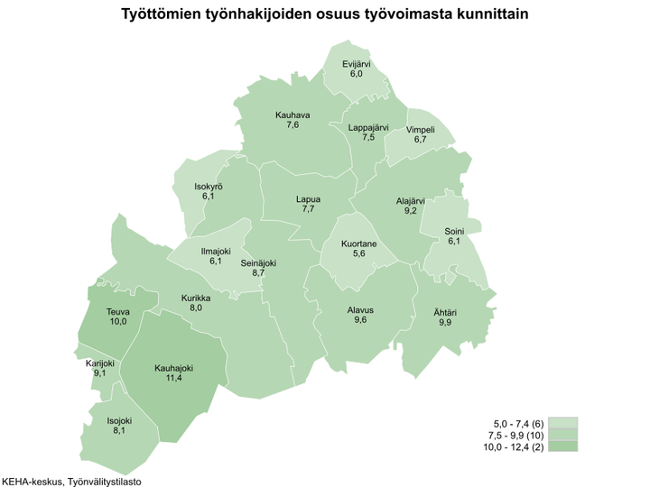 Etelä-Pohjanmaan kartta, josta ilmenee työttömien työnhakijoiden osuudet kunnittain. Kartta on värikoodattu vaaleasta vihreästä tummempaan vihreän sävyyn riippuen, kuinka iso työttömien työnhakijoiden osuus on alueella. Alueet jakaantuvat asteikossa: 5,0–7,4 (6), 7,5–9,9 (10) ja 10,0–12,4 (2). Työttömien työnhakijoiden osuudet kunnittain olivat Evijärvi 6,0 %, Kauhava 7,6 %, Lappajärvi 7,5 %, Vimpeli 6,7 %, Isokyrö 6,1 %, Lapua 7,7 %, Alajärvi 9,2 %, Ilmajoki 6,1 %, Seinäjoki 8,7 %, Kuortane 5,6 %, Soini 6,1 %, Teuva 10,0 %, Kurikka 8,0 %, Alavus 9,6 %, Karijoki 9,1 %, Ähtäri 9,9 %, Kauhajoki 11,4 % ja Isojoki 8,1 %. KEHA-keskus, Työnvälitystilasto.