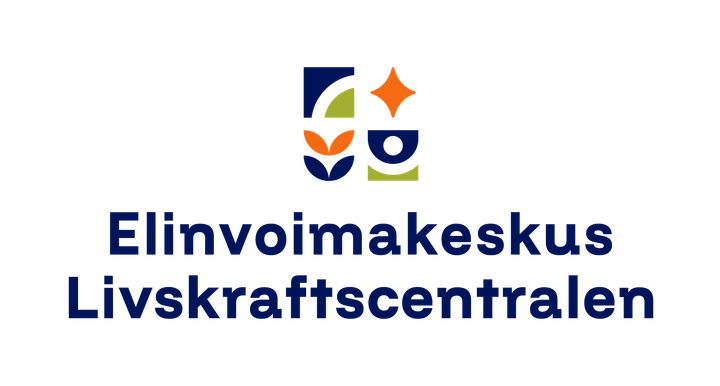Logotyp för Elinvoimakeskus Livskraftscentralen med färgglada grafiska element ovanför texten.