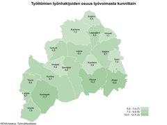 Etelä-Pohjanmaan kartta, josta ilmenee työttömien työnhakijoiden osuudet kunnittain. Kartta on värikoodattu vaaleasta vihreästä tummempaan vihreän sävyyn riippuen, kuinka iso työttömien työnhakijoiden osuus on alueella. Alueet jakaantuvat asteikossa: 5,0–7,4 (7), 7,5–9,9 (8) ja 10,0–12,4 (3). Työttömien työnhakijoiden osuudet kunnittain olivat Evijärvi 5,3 %, Kauhava 7,2 %, Lappajärvi 8,3 %, Vimpeli 7,1 %, Isokyrö 6,5 %, Lapua 8,0 %, Alajärvi 9,7 %, Ilmajoki 6,2 %, Seinäjoki 8,8 %, Kuortane 5,9 %, Soini 7,0 %, Teuva 8,9 %, Kurikka 8,7 %, Alavus 10,2 %, Karijoki 8,7 %, Ähtäri 10,6 %, Kauhajoki 11,7 % ja Isojoki 7,9 %. KEHA-keskus, Työnvälitystilasto.