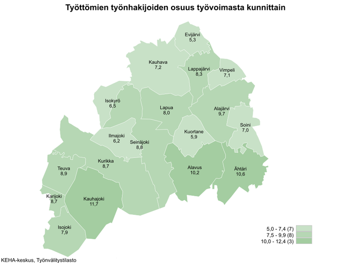 Etelä-Pohjanmaan kartta, josta ilmenee työttömien työnhakijoiden osuudet kunnittain. Kartta on värikoodattu vaaleasta vihreästä tummempaan vihreän sävyyn riippuen, kuinka iso työttömien työnhakijoiden osuus on alueella. Alueet jakaantuvat asteikossa: 5,0–7,4 (7), 7,5–9,9 (8) ja 10,0–12,4 (3). Työttömien työnhakijoiden osuudet kunnittain olivat Evijärvi 5,3 %, Kauhava 7,2 %, Lappajärvi 8,3 %, Vimpeli 7,1 %, Isokyrö 6,5 %, Lapua 8,0 %, Alajärvi 9,7 %, Ilmajoki 6,2 %, Seinäjoki 8,8 %, Kuortane 5,9 %, Soini 7,0 %, Teuva 8,9 %, Kurikka 8,7 %, Alavus 10,2 %, Karijoki 8,7 %, Ähtäri 10,6 %, Kauhajoki 11,7 % ja Isojoki 7,9 %. KEHA-keskus, Työnvälitystilasto.