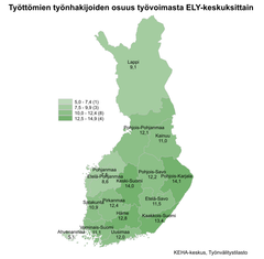 Työttömien työnhakijoiden osuus työvoimasta ELY-keskuksittain. Kartta on värikoodattu vaaleasta vihreästä tumman vihreään riippuen, kuinka iso työttömien työnhakijoiden osuus on alueella. Alueet jakaantuvat asteikossa: 5,0–7,4 (1), 7,5–9,9 (3), 10,0–12,4 (8) & 12,5–14,9 (4). Lappi 9,1 %, Pohjois-Pohjanmaa 12,1 %, Kainuu 11,0 %, Pohjanmaa 7,5 %, Etelä-Pohjanmaa 8,6 %, Keski-Suomi 14,0 %, Pohjois-Savo 12,2 %, Pohjois-Karjala 14,1 %, Satakunta 10,9 %, Pirkanmaa 12,4 %, Etelä-Savo 11,5 %, Ahvenanmaa 5,1 %, Varsinais-Suomi 11,1 %, Uusimaa 12,0 % ja Kaakkois-Suomi 13,4 %. KEHA-keskus, Työnvälitystilasto.