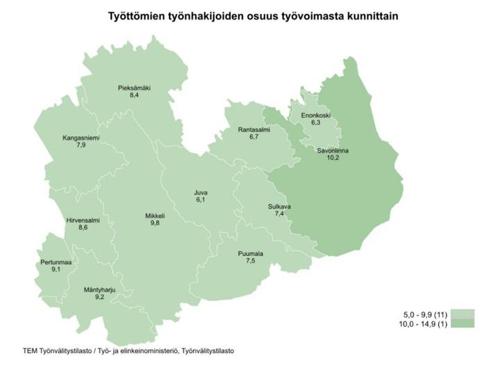 Kartalla työttömien työnhakijoiden osuus työvoimasta kunnittain Etelä-Savossa elokuun 2023 lopussa.