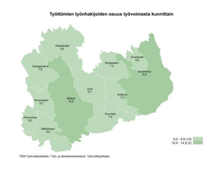 Kartassa on esitelty kunnittain työttömyysprosentti Etelä-Savossa