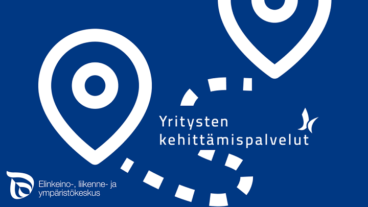 Sinisellä pohjalla kaksi määränpäätä osoittavaa merkkiä ja niiden välissä katkoviiva. Tekstinä Yritysten kehittämispalvelut ja ELY-keskuksen logo.