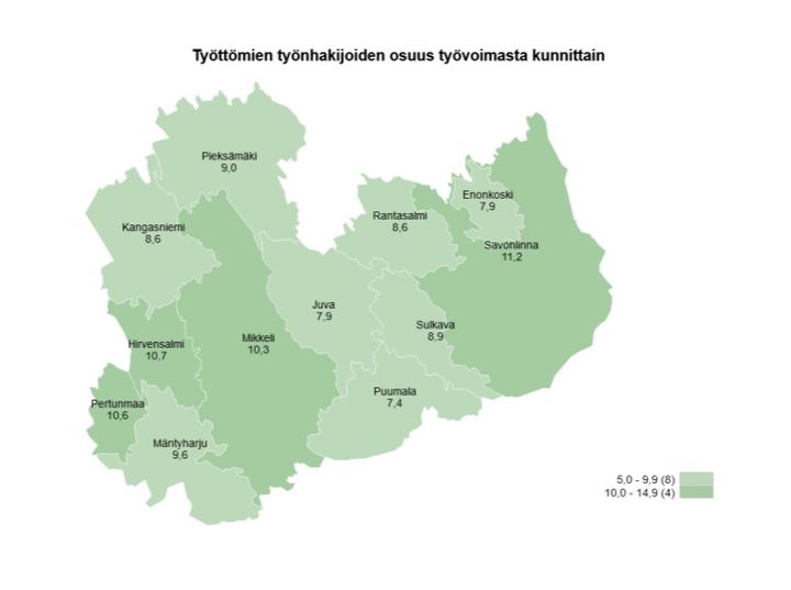 Kartta, jossa työttömien työnhakijoiden määrä kunnittain