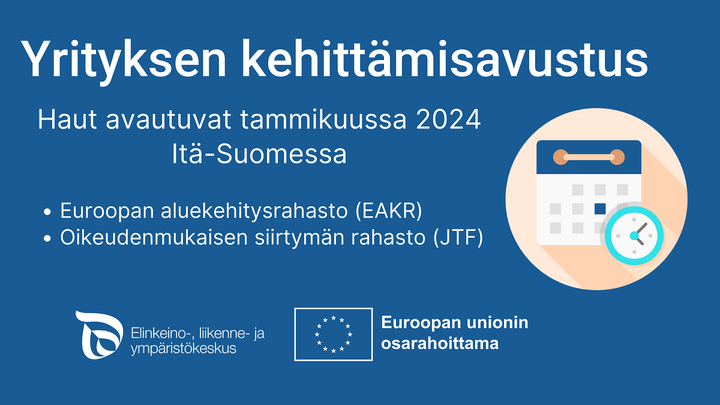 Kalenterin sivun kuva ja teksti Yrityksen kehittämisavustus, haut avautuvat tammikuussa 2024 Itä-Suomessa.