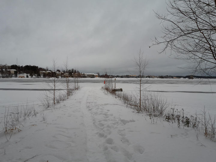 Talvinen kuva Pihjalavedeltä. Keskellä näkyy kulku-ura järvelle, taustalla vasemmalla on pieniä rakennuksia. Taivas on harmaa.