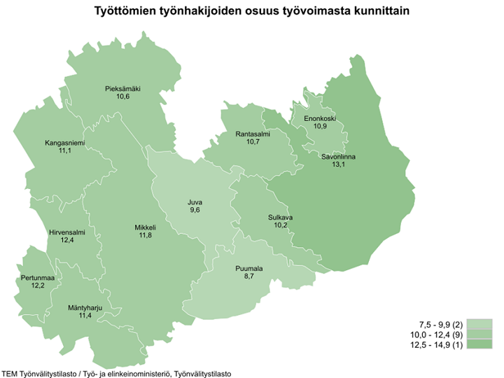 Etelä-Savon kartalla työttömien työnhakijoiden osuus työvoimasta kunnittain. Pieksämäki 10,6, Kangasniemi 11,1, Hirvensalmi 12,4, Pertunmaa 12,2, Mäntyharju 11.4, Mikkeli 11,8, Juva 9,6, Puumala 8,7, Sulkava 10,2, Rantasalmi 10,7, Enonkoski 10,9, Savonlinna 13,1.