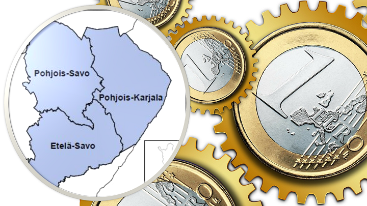 Itä-Suomen kartta eli Etelä-Savo, Pohjois-Savo ja vieressä Pohjois-Karjala sekä euron kolikoita rattaan pyörinä.