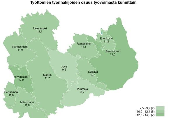 Etelä-Savon kartta, johon on merkitty työttömyysaste kunnittain