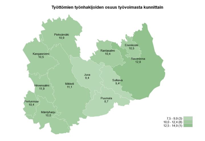 Etelä-Savon kartta, johon työttömien prosenttiosuus on merkitty kunnittain. Tiedot maaliskuulta 2024