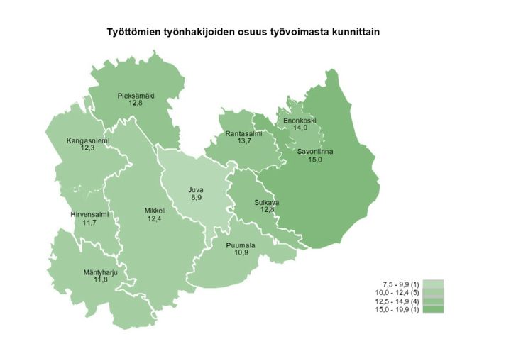Työttömien määrä kunnittain Etelä-Savossa