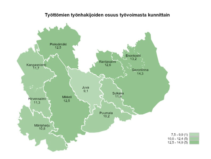 Kartassa esitetään työttömyys kunnittain maaliskuussa 2025 Etelä-Savon kunnissa