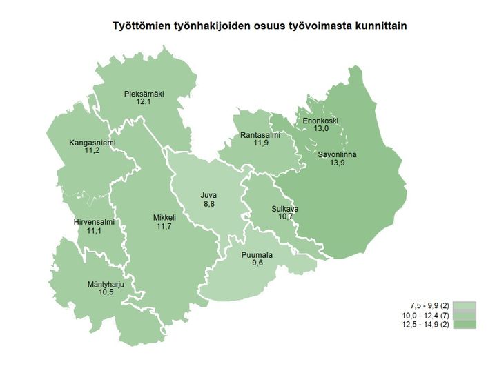 Kartta esittää työttömyysasteen kunnittain Etelä-Savossa
