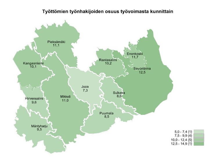 Etelä-Savon kartta näyttää työttömyysasteen kunnittain