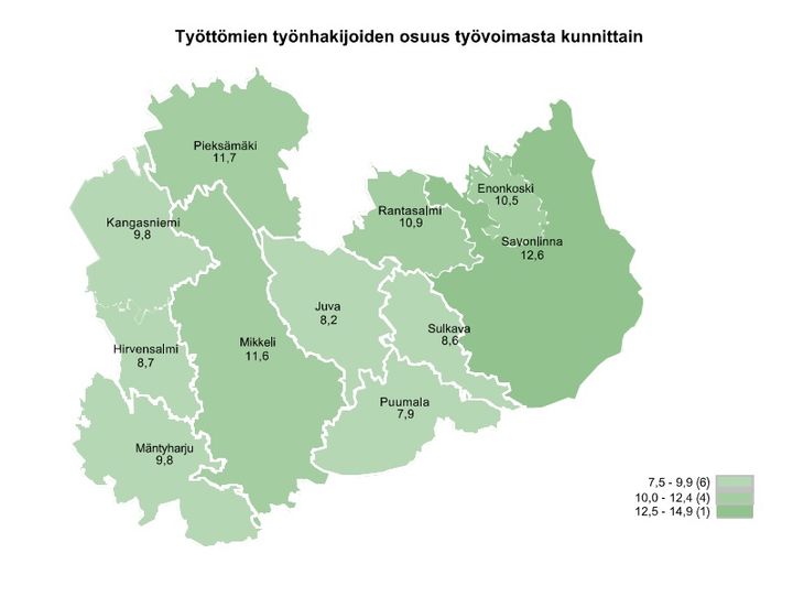 Työttömien työnhakijoiden osuus työvoimasta kunnittain Etelä-Savossa