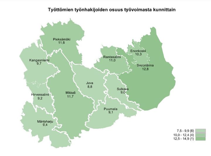 Kartalla työttömien määrä kunnittain Etelä-Savossa