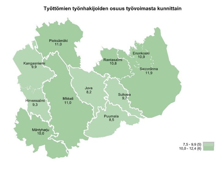 Kartta näyttää työttömyysasteen kunnittain Etelä-Savossa