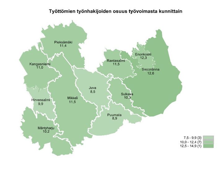 Karttakuva jossa Etelä-Savon työttömyys kunnittain marraskuussa 2025