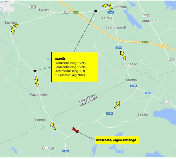 Kiertotie Kiekun silta: omväg medan arbetet pågår