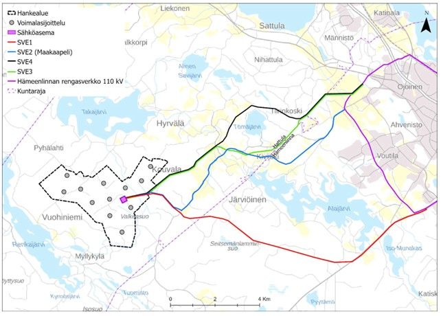 Niinimäen tuulivoimahankkeen sijainti ja sähkönsiirtoreittien vaihtoehdot. Lähde: YVA-ohjelma, Myrsky Energia Oy.