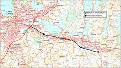Kartta Lahden alueelta, joka näyttää nykyisen ja uuden eritasoliittymän sijainnit.