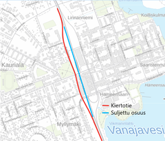 Kartta, jossa näkyy suljettu tieosuus ja kiertotie Eureninkadun kautta.