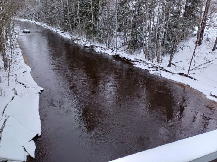 Luminen joenranta, jonka jääkansi on vedenkorkeuden laskun vuoksi osittain tyhjän päällä.