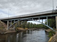 Joki virtaa korkean sillan alla, ympärillä on metsää.