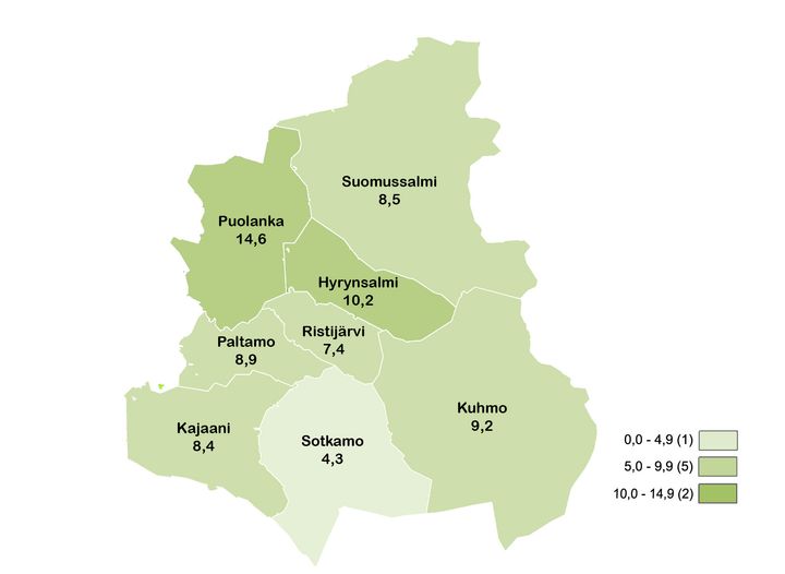 Työttömien työnhakijoiden osuus työvoimasta kunnittain Kainuussa syyskuussa 2023.